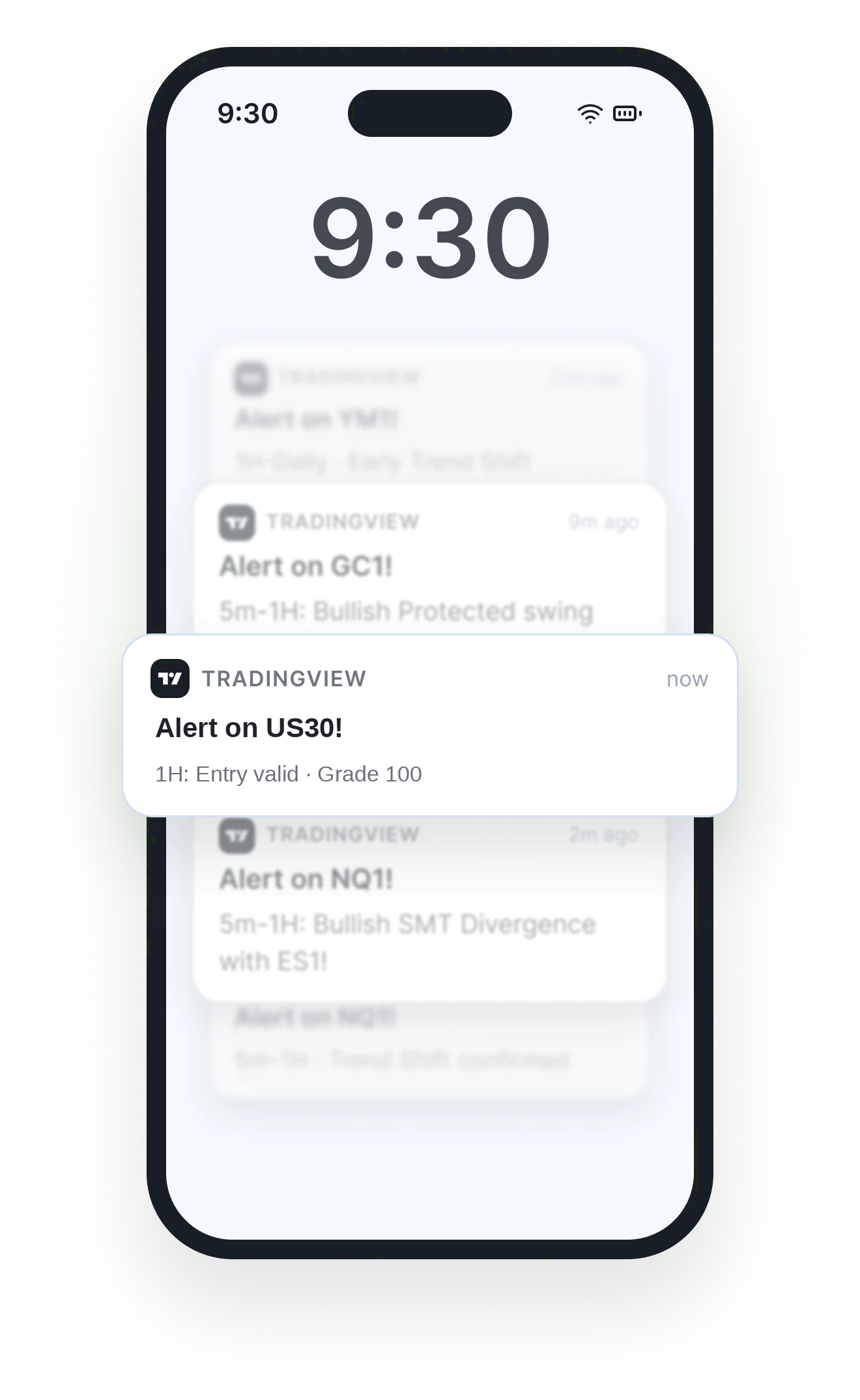 TradingView alert on a phone for a valid US30 setup